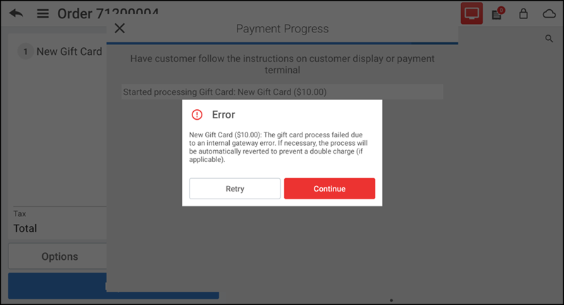 Gateway error appears. Tap Continue or tap Retry