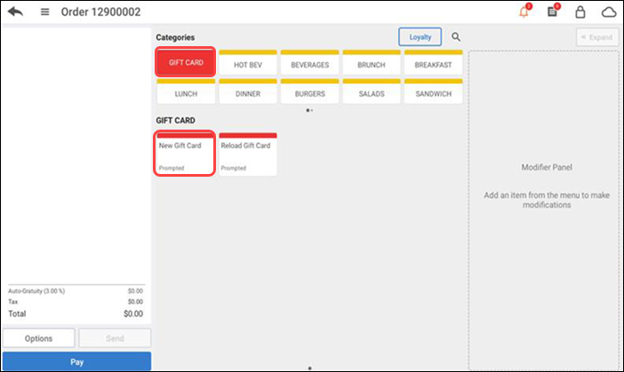 Selecting gift card item from Order entry screen