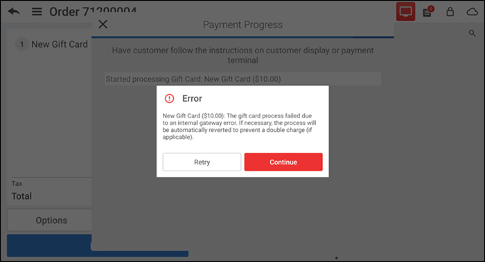 Gateway error appears. Tap Continue or tap Retry
