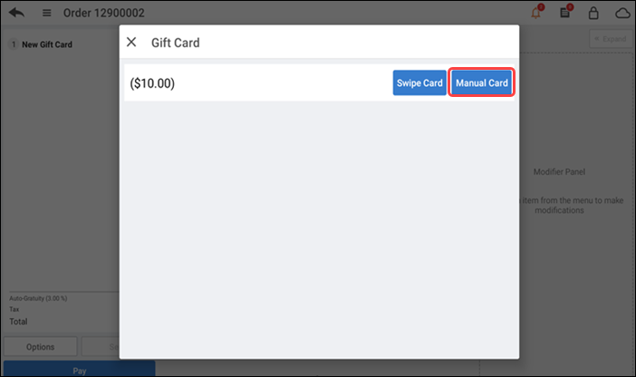 Slide the card or tap Manual card
