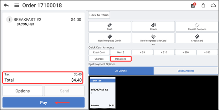 Tap Donations on the Payments screen
