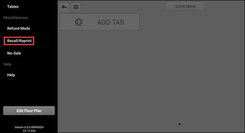 Tap Recall/Reprint from the slideout menu