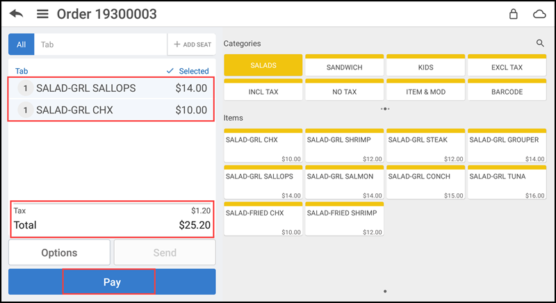 Add items to the guest check and finalize