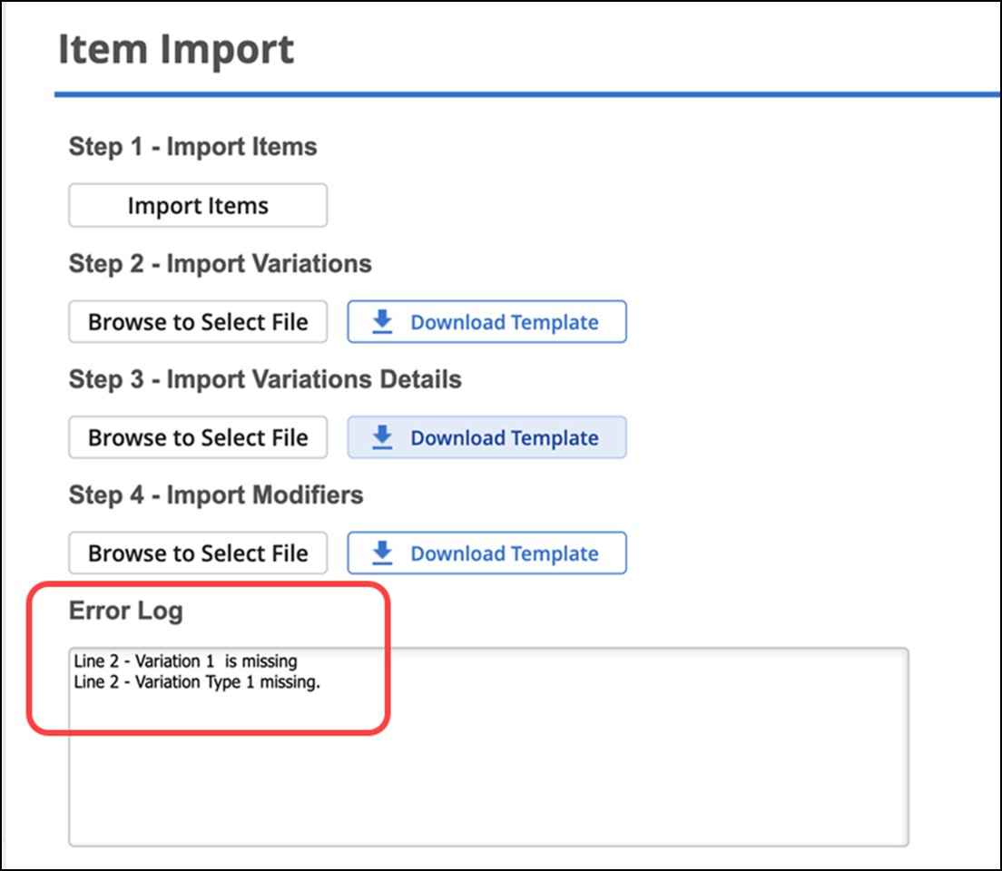 Item import error message screen