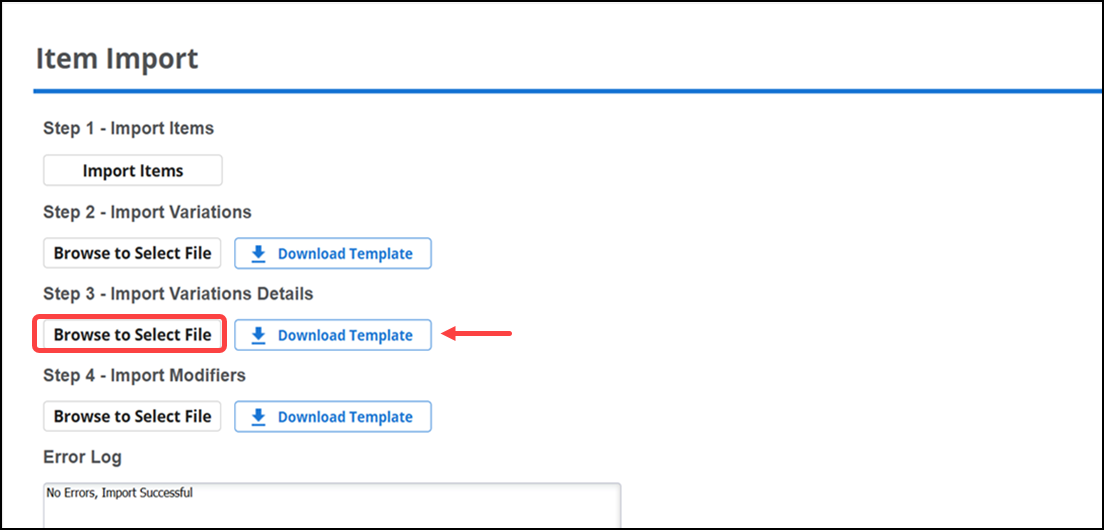 Item import variation details import