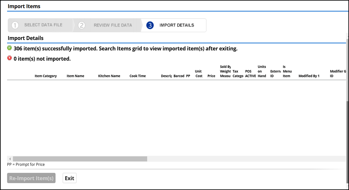 Item import details screen