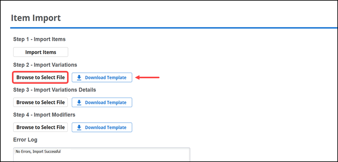 Item import variations import