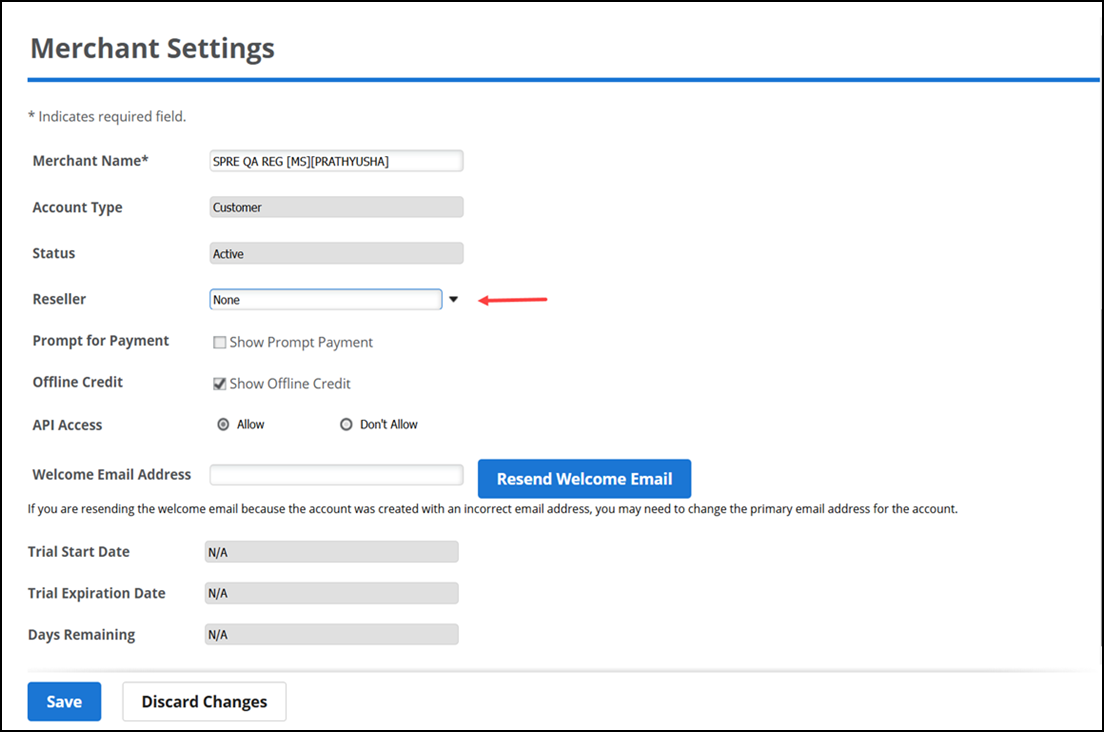 Merchant Settings screen