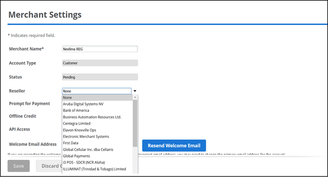 Merchant Settings screen