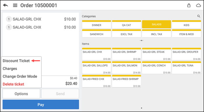 Active guest check Select discount tyoe screen