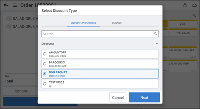Select discount tyoe screen