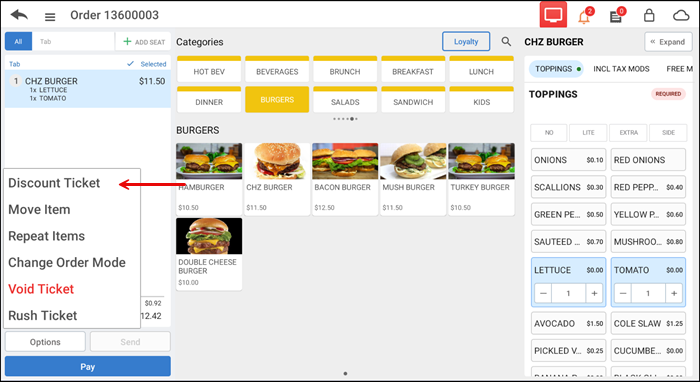 Active guest check Select discount tyoe screen