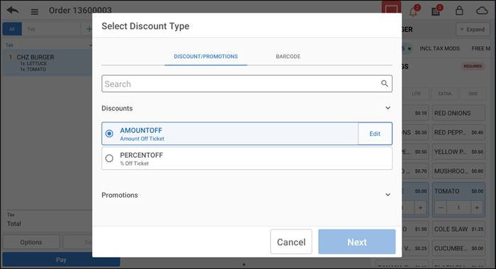 Select discount tyoe screen