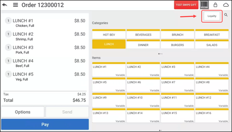 Tap loyalty on active guest check