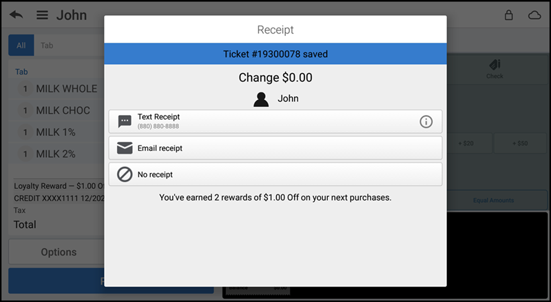 Loyalty reward receipt option screen