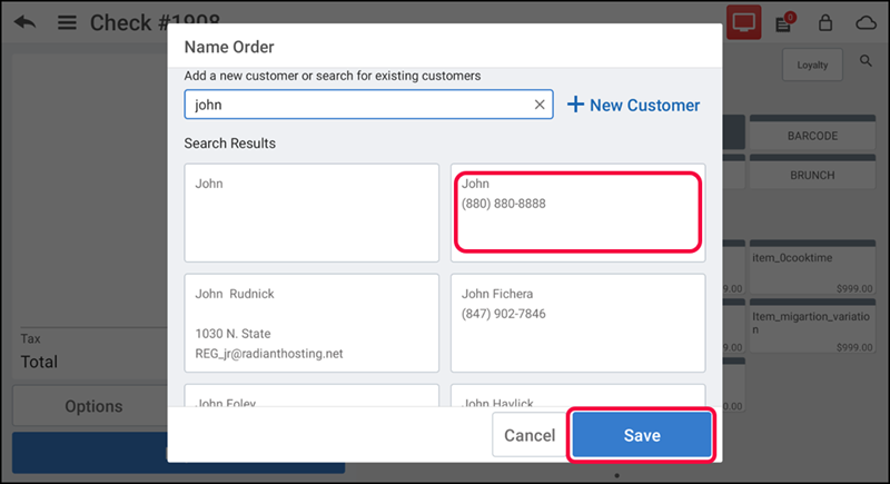 Customer selection screen