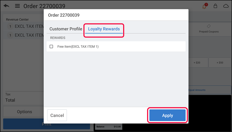 The loyalty rewards tab