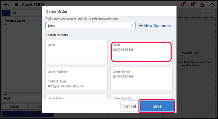 Customer selection screen