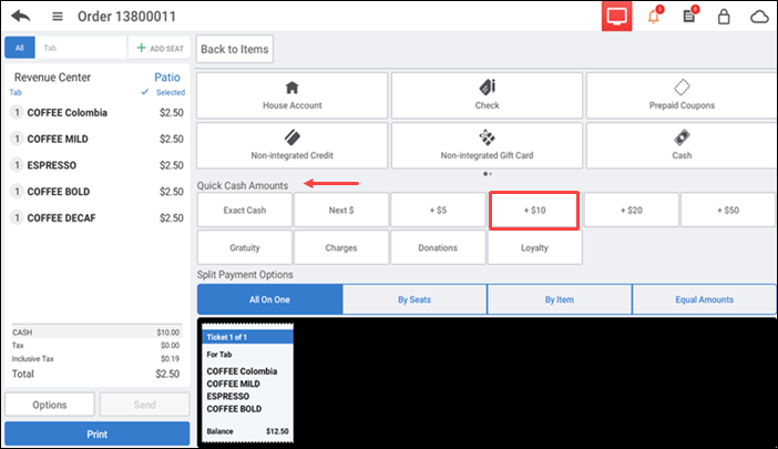 Order entry screen with active pay option 