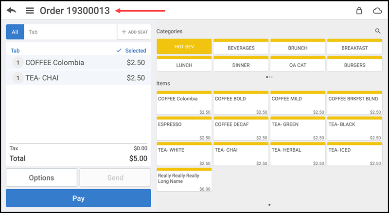 Tap the order name in the guest check window