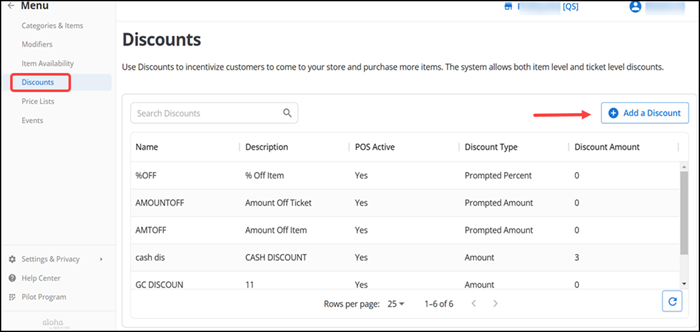 Cash Discounts screen with Add Discount button