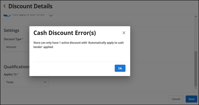 Cash Discounts Error Message 2