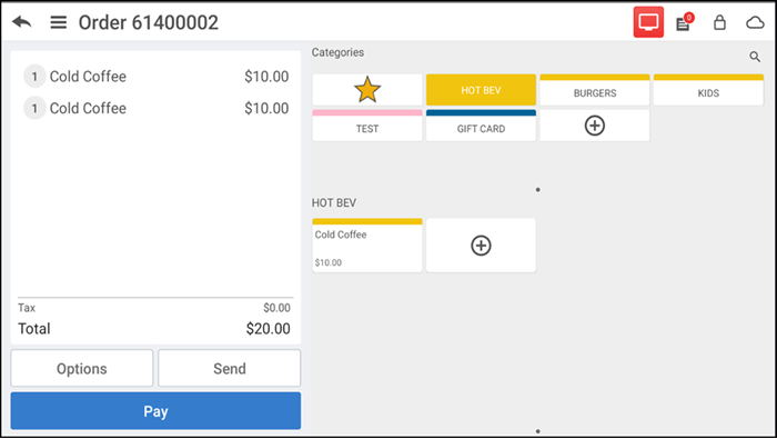 Sample POS screen showing items on the guest check 