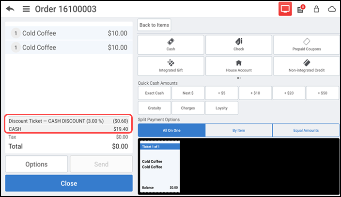 Sample POS screen showing discount as line item on the guest check 