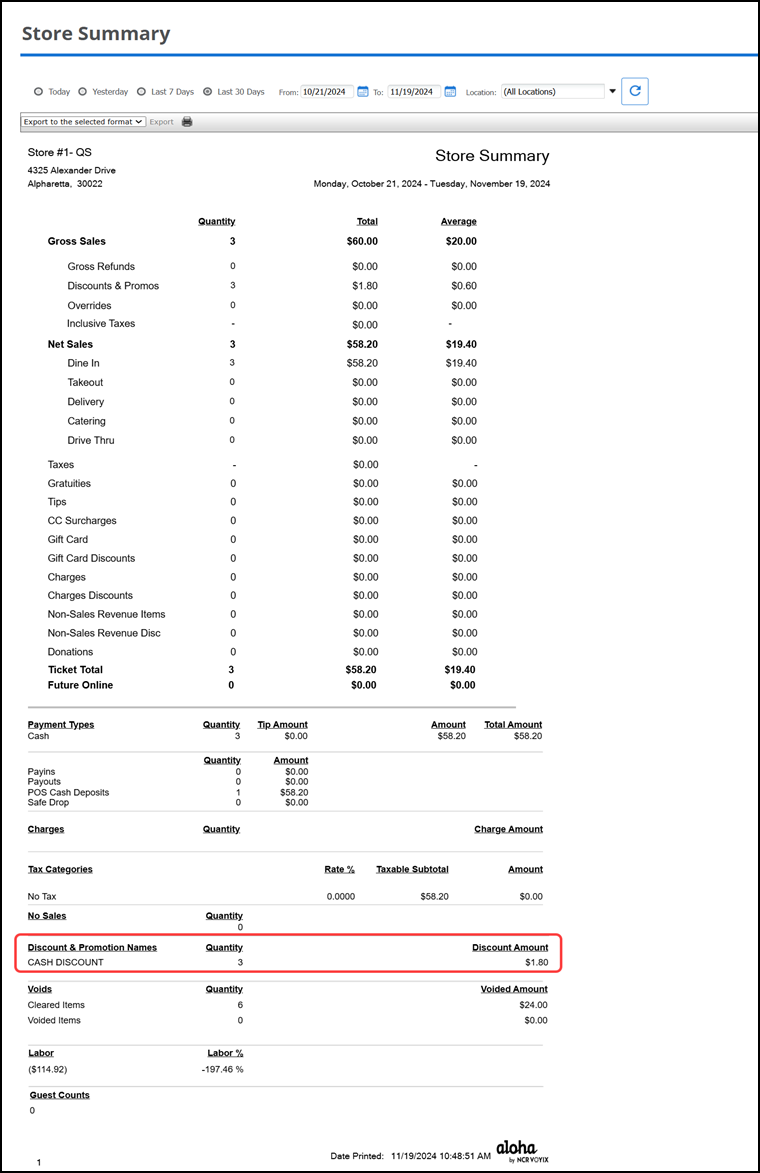 Sample store summary screen 