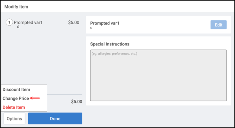 Tap an item in the order ticket window
