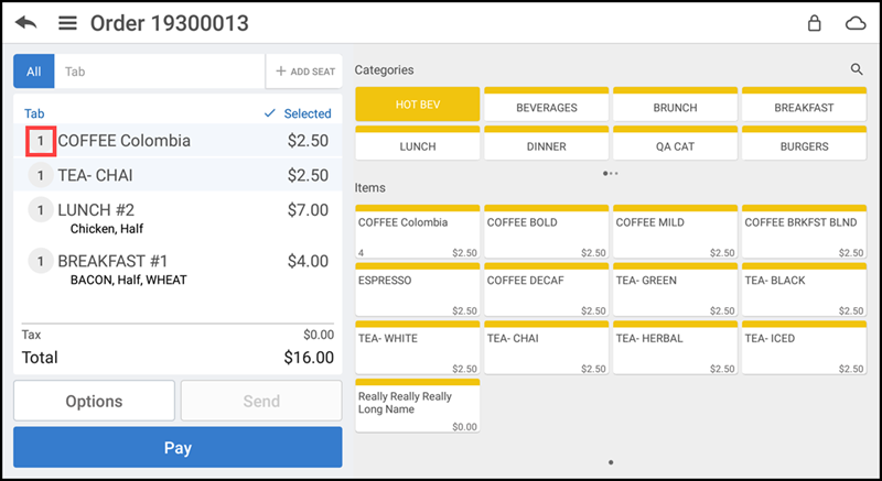 Tap Quanity next to the item in the order ticket window.