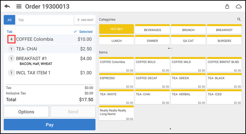 Updated quantity appears in the order ticket window