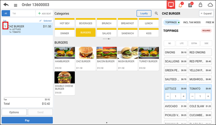 Tap Quanity next to the item in the order ticket window.