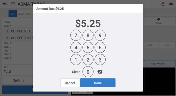 Amount due screen