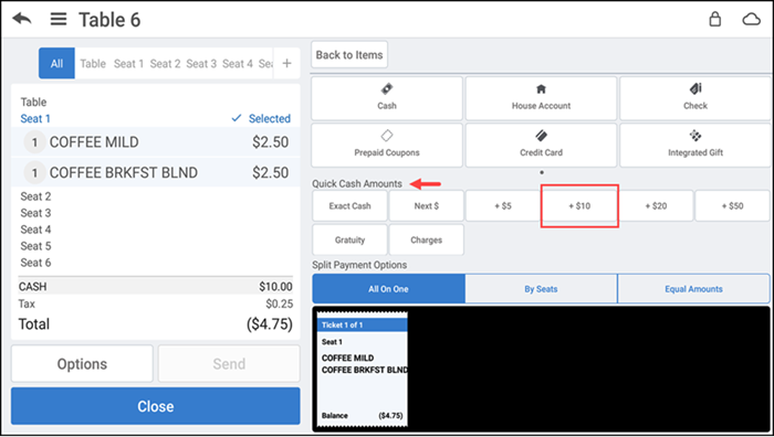 Order entry screen with active pay option 