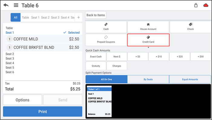 Tender screen with payment options