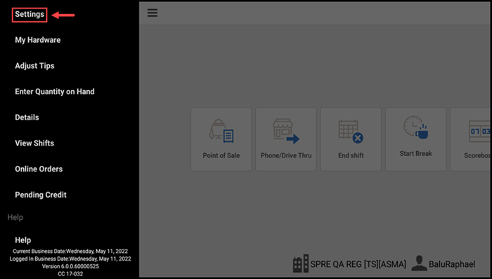 Slideover menu showing settings tab