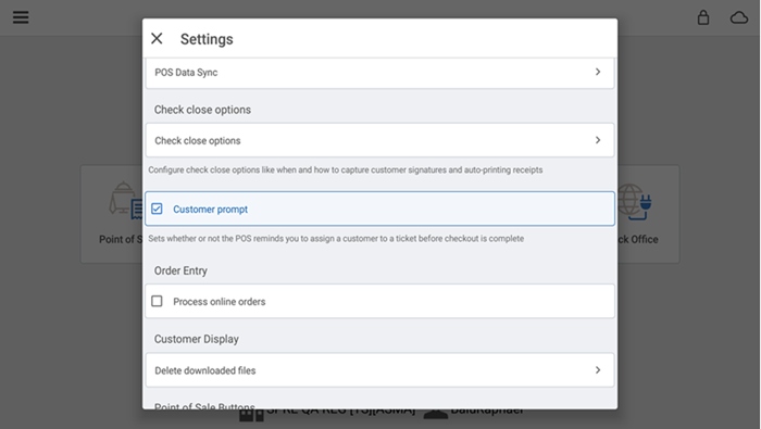Settings screen with customer prompt selected