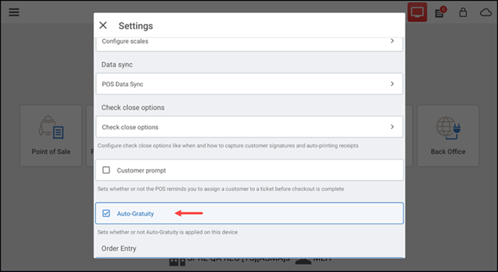 Settings screen with auto gratuity selected