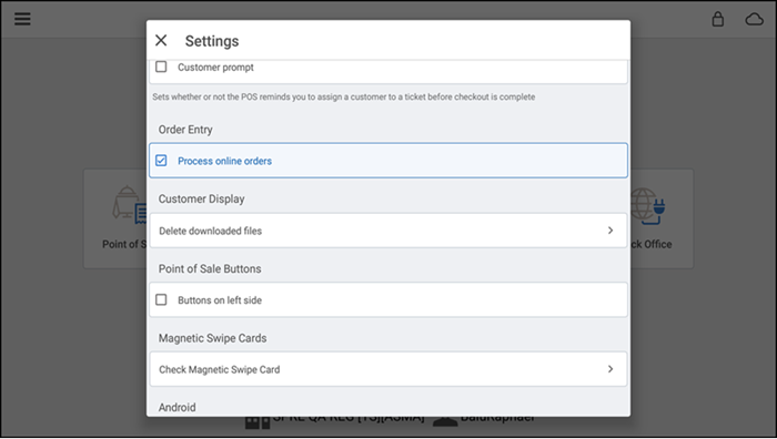 Settings screen with process online orders selected