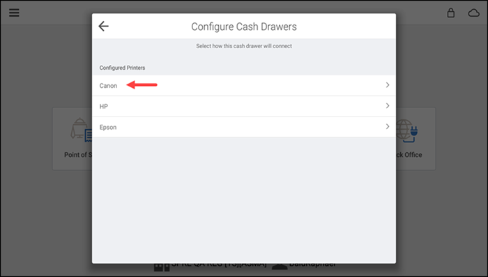 Configure cash drawer screen