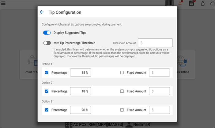 Tip configuration screen