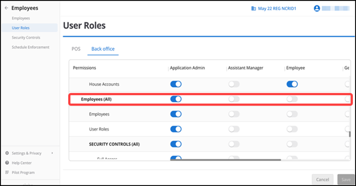 User roles screen