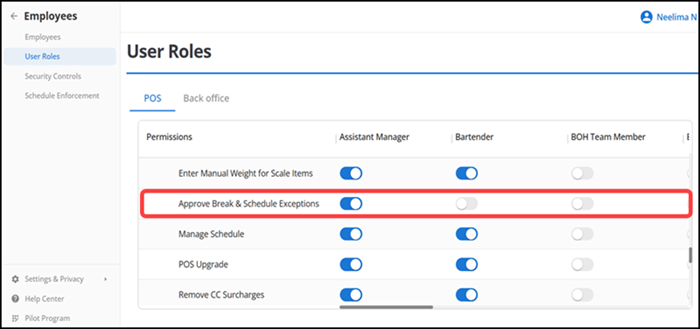 User roles screen