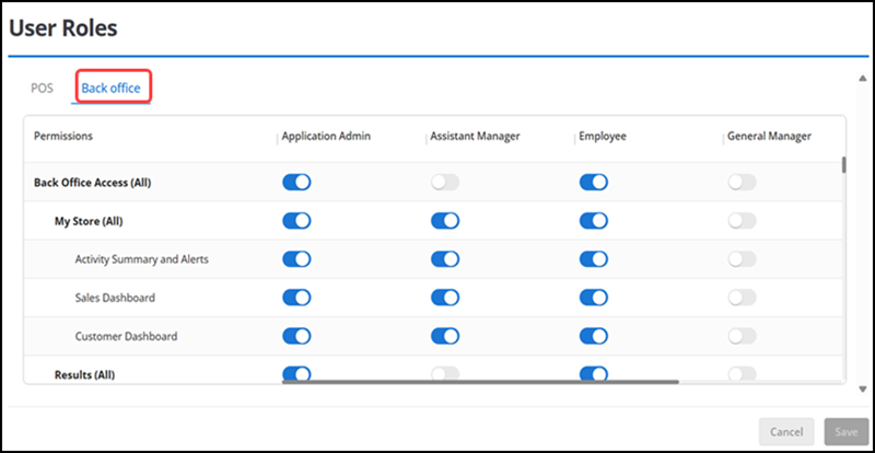 User Roles screen