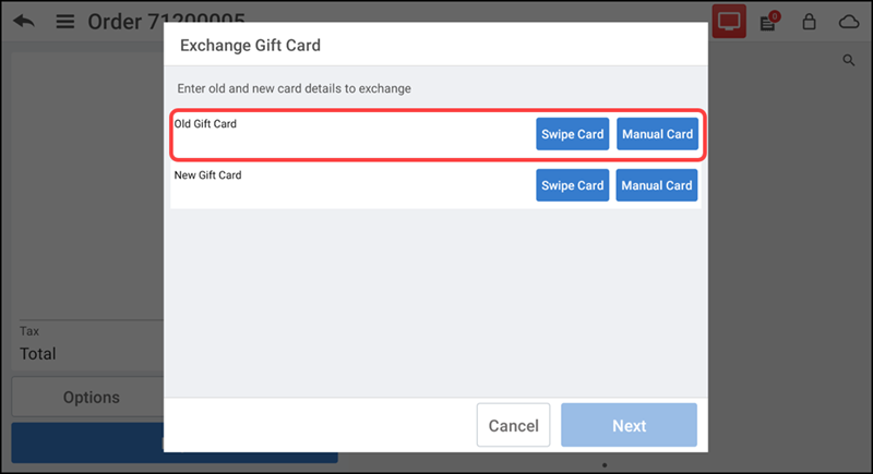 Exchange gift card screen