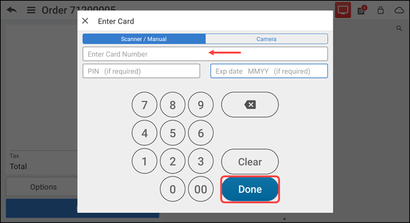 Enter card screen