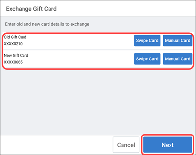 Exchange gift card screen
