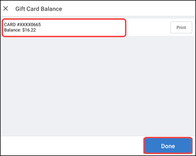 Gift card balance screen