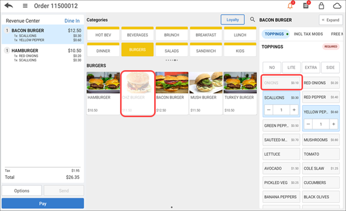 Order entry screen with greyed item and modifier